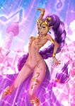  1girl adsouto arm_up armlet artist_name bracelet breasts dancing dark_skinned_female female_pubic_hair highres jewelry medium_breasts musical_note navel pubic_hair revealing_clothes shantae shantae_(series) solo sparkle thighlet underboob 