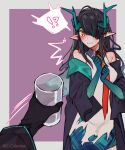  !? 1girl 1other arknights bare_shoulders black_coat black_gloves black_hair coat cup dragon_horns dress drinking_glass dusk_(arknights) gloves green_hair grey_background hair_over_one_eye highres holding holding_cup horns long_hair long_sleeves looking_at_viewer mirin_chikuwa motion_lines multicolored_hair necktie parted_lips pointy_ears pov pov_hands purple_background red_necktie streaked_hair two-tone_background white_dress 