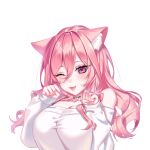 1girl ;3 ;d animal_ear_fluff animal_ears bangs bare_shoulders blush bra_strap breasts cat_ears cleavage collarbone commentary english_commentary hair_between_eyes highres large_breasts long_hair long_sleeves looking_at_viewer off-shoulder_sweater off_shoulder one_eye_closed open_mouth original pink_eyes pink_hair ringeko-chan simple_background smile solo sweater upper_body very_long_hair white_background white_sweater 