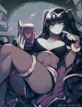  1girl artist_name ass bangs black_hair blunt_bangs blush bodystocking book breasts cleavage covered_navel fire_emblem fire_emblem_awakening highres holding holding_book large_breasts long_hair looking_at_viewer lying on_back open_book parororo parted_lips patreon_username solo tharja_(fire_emblem) web_address 