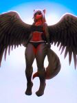  2022 anthro aozee big_wings black_bottomwear black_clothing black_topwear bottomwear bra braided_hair clothing ear_piercing female fur gradient_background hair hi_res multicolored_body multicolored_fur muscular muscular_anthro muscular_female piercing simple_background solo sports_bra striped_body striped_fur stripes topwear underwear unknown_species wings 