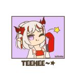  1girl arknights artist_name border chibi dragon_girl dragon_horns english_text horns kuhl-notes nian_(arknights) one_eye_closed pointy_ears purple_background simple_background solo tehepero upper_body white_border 