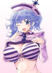  1girl bangs blue_eyes blue_hair bra breasts highres huge_breasts jyaoh0731 long_sleeves looking_at_viewer merlin_prismriver one_eye_closed open_mouth pink_headwear short_hair simple_background solo striped striped_bra touhou underwear upper_body white_background 