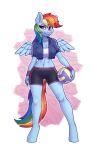  2022 absurd_res anthro blue_body blue_fur bottomwear breasts chest_tuft clothing dandy_(artist) ear_piercing equid equine eyebrow_through_hair eyebrows eyelashes feathered_wings feathers female friendship_is_magic fur hair hasbro hi_res hoodie jersey looking_at_viewer mammal midriff multicolored_hair multicolored_tail my_little_pony navel navel_piercing pegasus piercing rainbow_dash_(mlp) rainbow_hair rainbow_tail short_hair shorts smile smirk solo sport topwear translucent translucent_hair tuft unguligrade_anthro volleyball wings wristband 