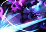  blade blurry ceruledge commentary_request eye_trail fire highres light_trail motion_lines no_humans pokemon pokemon_(creature) purple_eyes purple_fire solo ssn_(sasa8u9r) 