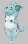  2022 anthro anthrofied areola blue_body breasts female full-length_portrait generation_1_pokemon genitals grey_areola grey_nipples hands_behind_head hi_res honeymono looking_at_viewer nidorina nintendo nipples pokemon pokemon_(species) portrait pussy small_breasts solo standing video_games 