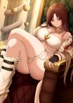  1girl aketa_mikoto asymmetrical_legwear brown_hair crossed_legs fingerless_gloves fishnet_pantyhose fishnets fur-trimmed_bra gloves gradient_hair highres idolmaster idolmaster_shiny_colors light_brown_hair long_hair multicolored_hair nail_polish pantyhose single_leg_pantyhose solo ssrg_srrg strapless thigh_strap tube_top very_long_hair white_tube_top 