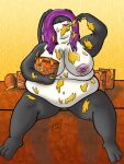  anthro belly belly_overhang butt eating female food hair honey_(food) lagomorph leporid mammal messy navel open_mouth overweight overweight_anthro overweight_female purple_hair rabbit renaissance-x sitting solo stuffing 