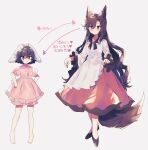  2girls :3 absurdres animal_ears barefoot black_footwear black_hair bow brown_hair carrot_necklace dress floppy_ears full_body hair_bow hands_on_hips haruwaka_064 highres imaizumi_kagerou inaba_tewi jewelry long_hair long_sleeves multiple_girls necklace pink_bow puffy_short_sleeves puffy_sleeves rabbit_ears rabbit_girl rabbit_tail red_eyes short_hair short_sleeves simple_background skirt_hold standing tail touhou translation_request very_long_hair white_background white_dress wide_sleeves wolf_ears wolf_girl wolf_tail 