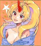  1girl 2zuz4hru bangs blonde_hair blue_kimono breasts cleavage head_tilt horns hoshiguma_yuugi hoshiguma_yuugi_(promo) japanese_clothes kimono long_sleeves looking_at_viewer off_shoulder open_mouth parted_bangs pointy_ears ponytail red_eyes red_horns single_horn solo star_(symbol) touhou upper_body 