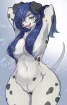  anthro areola big_breasts blue_hair breasts canid canine female fur genitals grey_areola grey_pussy hair hi_res lemoco looking_at_viewer mammal nude pussy smile solo spots spotted_body spotted_fur tongue 