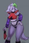  3_fingers anthro big_breasts breasts camel_toe canid canine canis clothed clothing digital_media_(artwork) female fingers fishnet fishnet_clothing fishnet_legwear five_nights_at_freddy&#039;s five_nights_at_freddy&#039;s:_security_breach hi_res legwear looking_at_viewer machine mammal one_eye_closed panties piercing pulred robot roxanne_wolf_(fnaf) scottgames simple_background solo thick_thighs underwear video_games wink wolf 