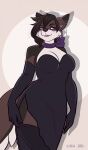  anthro aura_(aurathedanishhusky) big_breasts black_clothing black_dress blush bow_accessory bow_ribbon bow_tie breasts canid canine canis clothed clothing collar crossgender digital_media_(artwork) domestic_dog dress ear_piercing ear_ring female fluffy fluffy_tail fur hair hi_res huge_breasts husky legwear mammal mtf_crossgender nordic_sled_dog piercing ring_piercing simple_background smile solo spitz stockings thathuskyaura thick_thighs vanguardheart watermark wide_hips 