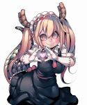  1girl absurdres artist_name belt blonde_hair bow breasts collar collared_shirt cowboy_shot dragon_girl dragon_horns dragon_tail frilled_sleeves frills gloves heart heart_hands highres horns kobayashi-san_chi_no_maidragon large_breasts large_tail long_hair looking_at_viewer maid maid_headdress multicolored_hair necktie orange_hair parororo red_hair red_necktie red_ribbon ribbon scales shirt signature simple_background slit_pupils smile solo tail tohru_(maidragon) twintails two-tone_hair white_background white_gloves 