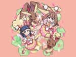  2girls :d bangs bow_hairband brown_hair buneary commentary_request confetti cosplay dawn_(pokemon) egg evolutionary_line eyelashes grey_eyes hairband hands_up highres lopunny may_(pokemon) may_(pokemon)_(cosplay) multiple_girls official_alternate_costume open_mouth pantyhose pink_background pink_footwear pink_skirt pokemon pokemon_(creature) pokemon_(game) pokemon_masters_ex shoes short_sleeves skirt smile sutokame tongue wrist_cuffs yellow_pantyhose 