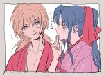  1boy 1girl aruhino bangs blue_eyes blue_hair blush border hair_between_eyes hair_ribbon hand_to_own_mouth himura_kenshin japanese_clothes kamiya_kaoru kimono long_hair looking_at_another low_ponytail open_mouth orange_hair parted_bangs pink_kimono ponytail red_kimono red_ribbon ribbon rurouni_kenshin scar scar_on_cheek scar_on_face sidelocks sweatdrop upper_body white_background 