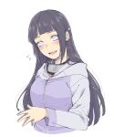  1girl :d bangs black_hair blunt_bangs blush cropped_torso grey_eyes grey_sleeves headband_around_neck highres hime_cut hooded_cardigan hyuuga_hinata long_hair long_sleeves naruto_(series) naruto_shippuuden open_mouth simple_background sketch smile solo straight_hair suzu_(tg_390) upper_body very_long_hair white_background 