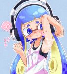  1girl :&lt; arm_up armpits bare_arms bare_shoulders blue_background blue_eyes blue_hair blush breasts closed_mouth collarbone covered_nipples hand_up headphone-chan_(splatoon) headphones highres inkling inkling_girl long_hair nose_blush outline sideboob small_breasts solo speech_bubble splatoon_(manga) splatoon_(series) spoken_blush steaming_body suction_cups sweat tank_top tentacle_hair white_outline yugmlecpdduukox 