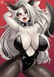  2022 anthro big_breasts breasts canid canid_demon canine cleavage clothed clothing collar demon digital_media_(artwork) ear_piercing eyebrows eyelashes female hair hellhound helluva_boss hi_res long_hair looking_at_viewer loona_(helluva_boss) macaronneko mammal open_mouth piercing red_sclera simple_background solo spiked_collar spikes 