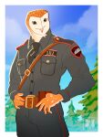  absurd_res anthro avian barn_owl belt belt_buckle bird black_necktie brown_body brown_eyes brown_feathers clothed clothing detailed_background feathers fully_clothed hi_res kathai male masked_owl necktie owl police_uniform rhode_island_police solo spots spotted_body spotted_feathers tytonid uniform unnamed_character white_face 