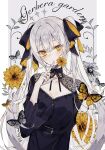 bangs black_dress blush breasts bug butterfly cowboy_shot dress finger_to_mouth flower grey_butterfly hair_ribbon highres holding holding_flower lace long_hair long_sleeves looking_at_viewer medium_breasts mole original ribbon satsuki_(miicat) twintails very_long_hair white_butterfly yellow_butterfly yellow_eyes yellow_flower 