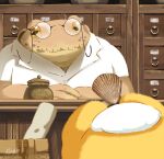  bird chick desk eye_contact file_cabinet frog glasses hachiya_shohei highres indoors looking_at_another no_humans original scroll seashell shell shirt white_headwear white_shirt yellow_eyes 