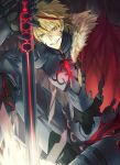  1boy alter_servant alternate_costume armor bangs black_armor blonde_hair braid cape cloak commentary_request corruption dark_persona evil_smile excalibur_morgan_(fate) fate/strange_fake fate_(series) feet_out_of_frame fur_cloak fur_trim long_hair long_sleeves looking_at_viewer male_focus multicolored_hair pants red_cape red_hair richard_i_(fate) single_braid sitting smile solo streaked_hair sword tassel teeth teruyumi two-tone_hair weapon yellow_eyes 