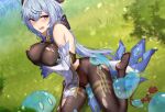  1girl absurdres bare_shoulders blue_hair blush bodystocking breasts brown_pantyhose cleavage covered_nipples ganyu_(genshin_impact) genshin_impact grass highres horns large_breasts open_mouth pantyhose purple_eyes soles solo thighs yukiaka 