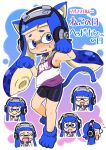  1girl animal_ear_fluff animal_ears animal_hands bike_shorts black_shorts blue_eyes blue_gloves blue_hair blue_tail breasts cat_day cat_ears cat_tail closed_mouth expressions fang fang_out furrowed_brow gloves hands_up headphone-chan_(splatoon) headphones highres ikaheigen inkling inkling_girl kemonomimi_mode outline paw_gloves paw_shoes shorts sideboob single_vertical_stripe splatoon_(manga) splatoon_(series) suction_cups tail tail_raised tank_top tentacle_hair wavy_mouth white_outline 