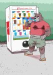  2022 absurd_res anthro bodily_fluids bottomwear bulge canid canine canis clothing detailed_background domestic_dog eating footwear hi_res humanoid_hands kemono male mammal outside sandals shirt shorts slightly_chubby solo sweat topwear ujishiyo vending_machine 