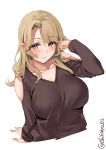  1girl alternate_costume bangs blonde_hair blush breasts brown_shirt closed_mouth cropped_torso ebifurya highres houston_(kancolle) kantai_collection large_breasts long_sleeves looking_at_viewer shirt simple_background solo twitter_username white_background yellow_eyes 