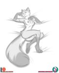  anthro arctic_fox black_and_white breasts canid canine canis feet female fox genitals hi_res mammal monochrome nicnak044 nipples nude pawpads paws pinup pose pussy sketch solo 