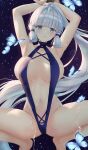  1girl alternate_costume armpits arms_up bangs barefoot blue_background blue_eyes blue_one-piece_swimsuit blunt_bangs blush bound bound_wrists breasts bug butterfly commentary feet_out_of_frame furrowed_brow genshin_impact grey_hair highres kamisato_ayaka large_breasts long_hair looking_at_viewer navel one-piece_swimsuit paid_reward_available parted_lips ponytail ronnie_z sidelocks simple_background slingshot_swimsuit solo spread_legs squatting stomach swimsuit tiptoes very_long_hair wet 