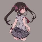  1girl bangs black_hair closed_mouth cropped_legs es_(eisis) grey_background grey_shirt hair_ribbon highres long_hair looking_at_viewer looking_back lydian_academy_uniform necktie pink_ribbon pleated_skirt red_eyes red_necktie ribbon school_uniform scrunchie senki_zesshou_symphogear shirt short_sleeves sidelocks simple_background skirt solo tsukuyomi_shirabe twintails wrist_scrunchie 