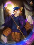  anthro blue_hair canid canine clothed clothing detailed_background digital_media_(artwork) disney forest forest_background fox foxih_(foxihfox) foxihfox fur hair hi_res looking_at_viewer magic magic_wand male mammal nature nature_background plant smile solo talisman the_owl_house tree 