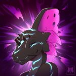  anthro black_body dahiras female glowing glowing_markings hi_res horn kathai lizard markings no_eyebrows pink_fins reptile scalie simple_background solo tattered_fins 