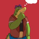  2022 absurd_res alligator alligatorid anthro beargarbage bottomwear brok_(character) brok_the_investigator clothing countershading crocodilian green_body hat headgear headwear hi_res humanoid_hands male pants red_background reptile scalie shirt simple_background solo topwear video_games 
