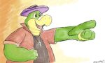  2022 alligator alligatorid anthro biped brok_(character) brok_the_investigator clothing countershading crocodilian green_body hat headgear headwear humanoid_hands keeperaft reptile scalie shirt slightly_chubby solo topwear video_games 