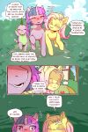  blush bodily_fluids cold-blooded-twilight comic dragon english_text equid equine eyes_closed female feral fluttershy_(mlp) friendship_is_magic hi_res horn larger_female mammal my_little_pony size_difference spike_(mlp) sweat text twilight_sparkle_(mlp) unicorn 