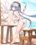  1girl ahoge ass bangs barefoot beach beret bikini blue_hair blue_sky canvas_(object) chair closed_mouth cloud cloudy_sky full_body griseo hat highres holding holding_brush honkai_(series) honkai_impact_3rd kiana_kaslana kiana_kaslana_(herrscher_of_the_void) looking_at_viewer looking_back outdoors palette_(object) purple_eyes sand sky smile soles swimsuit toes turna98 twintails water white_bikini 