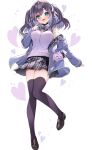  1girl :d aqua_eyes ayuma_sayu blue_hair blush breasts colored_inner_hair full_body hisui_nakuro large_breasts light_blue_hair long_sleeves multicolored_hair nekonote_(vtuber) official_art open_mouth purple_hair purple_sweater second-party_source skirt smile solo sweater thighhighs twintails 