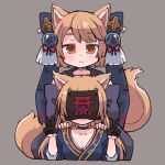 2girls animal_ears bangs blue_choker blush bow breasts brown_eyes character_request choker cleavage double_v es_(eisis) fox_ears fox_girl fox_tail gloves grey_background hair_bow hands_on_another&#039;s_shoulders highres japanese_clothes kimono long_hair mist_train_girls multiple_girls orange_hair short_hair smile tail upper_body v 