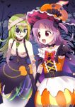  2girls alina_gray alina_gray_(halloween_ver.) aqua_eyes bandaged_arm bandages bangs blunt_ends blush breasts bubble_skirt chain choker frills gloves green_eyes green_hair hair_between_eyes halloween halloween_costume hat highres long_hair magia_record:_mahou_shoujo_madoka_magica_gaiden magical_girl mahou_shoujo_madoka_magica mask_over_one_eye medium_hair misono_karin misono_karin_(halloween_ver.) momo_tomato multicolored_clothes multicolored_hair multiple_girls official_alternate_costume parted_bangs parted_hair pumpkin purple_eyes purple_hair ribbon sarashi sidelocks skirt small_breasts smile star_(symbol) straight_hair streaked_hair two_side_up very_long_hair 