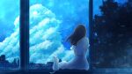  1girl black_hair blue_sky cat cloud commission dress facing_away long_hair nakitai_watashi_wa_neko_wo_kaburu night night_sky pluie323 sitting sky skyline tree white_cat white_dress window 