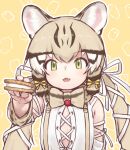  1girl :3 animal_ears animal_print bare_shoulders blonde_hair blush bow bowtie brown_hair cat_ears cat_girl cat_print center_opening cookie detached_sleeves food geoffroy&#039;s_cat_(kemono_friends) green_eyes hair_tie highres kemono_friends kemono_friends_v_project long_hair looking_at_viewer multicolored_hair open_mouth pov print_bow print_bowtie print_sleeves rumenia_(ao2is) shirt sidelocks solo twintails upper_body virtual_youtuber white_shirt 