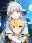  1boy 1girl aether_(genshin_impact) architecture arm_guards bangs blonde_hair blue_capelet blue_eyes blue_sky blunt_bangs blush capelet closed_mouth east_asian_architecture flower_knot genshin_impact grey_hair hair_between_eyes hair_ornament hair_ribbon head_on_head head_rest highres hug hug_from_behind kamisato_ayaka long_hair looking_at_viewer midori_(user_nsaz3272) mole mole_under_eye ponytail ribbon sky smile tree tress_ribbon yellow_eyes 