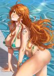  1girl arm_support bangs bare_shoulders bikini breasts cleavage earrings halterneck highres jewelry large_breasts long_hair nami_(one_piece) one_piece orange_eyes orange_hair parted_lips pool shoulder_tattoo sidelocks swimsuit tattoo thighs ultrabinou water 