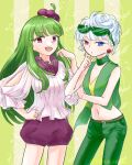  2girls artist_name bangs belt blue_eyes breasts clothing_cutout commentary_request cowboy_shot crop_top earrings eyewear_on_head flower_earrings green-tinted_eyewear green_background green_hair green_scarf green_shirt hand_on_hip hand_to_own_mouth hand_up happy heterochromia highres hinata_kanata humanization jewelry long_hair long_sleeves looking_at_viewer multiple_girls navel object_on_head open_mouth pocket pokemon purple_eyes purple_shorts red_eyes rimless_eyewear roserade scarf shirt short_hair short_shorts shorts sidelocks sleeveless sleeveless_shirt small_breasts smile standing stomach striped striped_background sunglasses tinted_eyewear tsareena twitter_username watermark white_hair white_shirt 