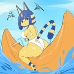  animal_crossing ankha_(animal_crossing) anthro banana big_breasts big_butt blue_eyes blue_hair breasts butt clothing domestic_cat felid feline felis female food fruit fur gaikiken hair looking_at_viewer looking_back mammal nintendo one-piece_swimsuit plant side_boob sitting solo swimwear video_games water yellow_body yellow_fur 