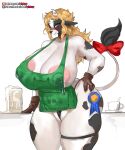 anthro apron areola big_breasts blonde_hair bovid bovine breasts cattle cleavage clothed clothing container cup female genitals girlsay hair hi_res huge_breasts mammal panties pink_areola pussy pussy_floss solo thick_thighs underwear 
